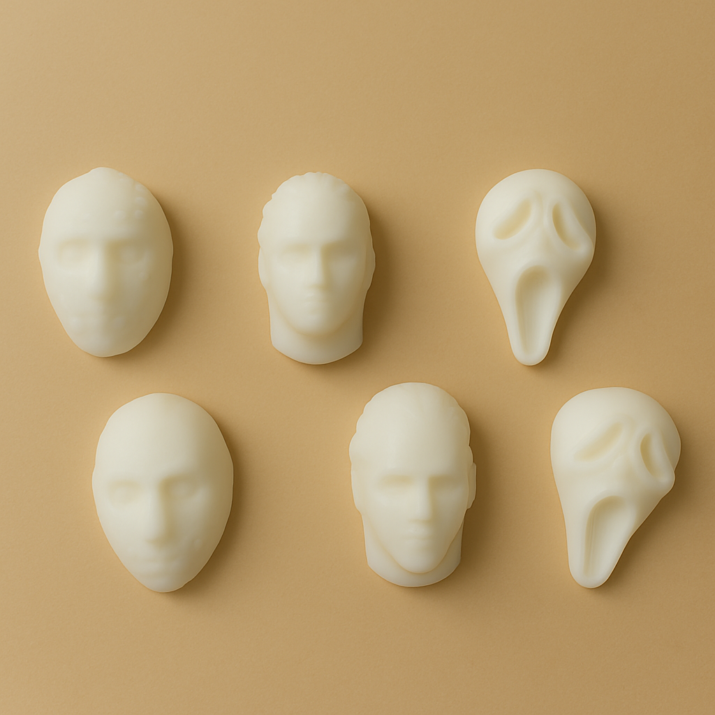 Six white face-shaped candles on a beige background