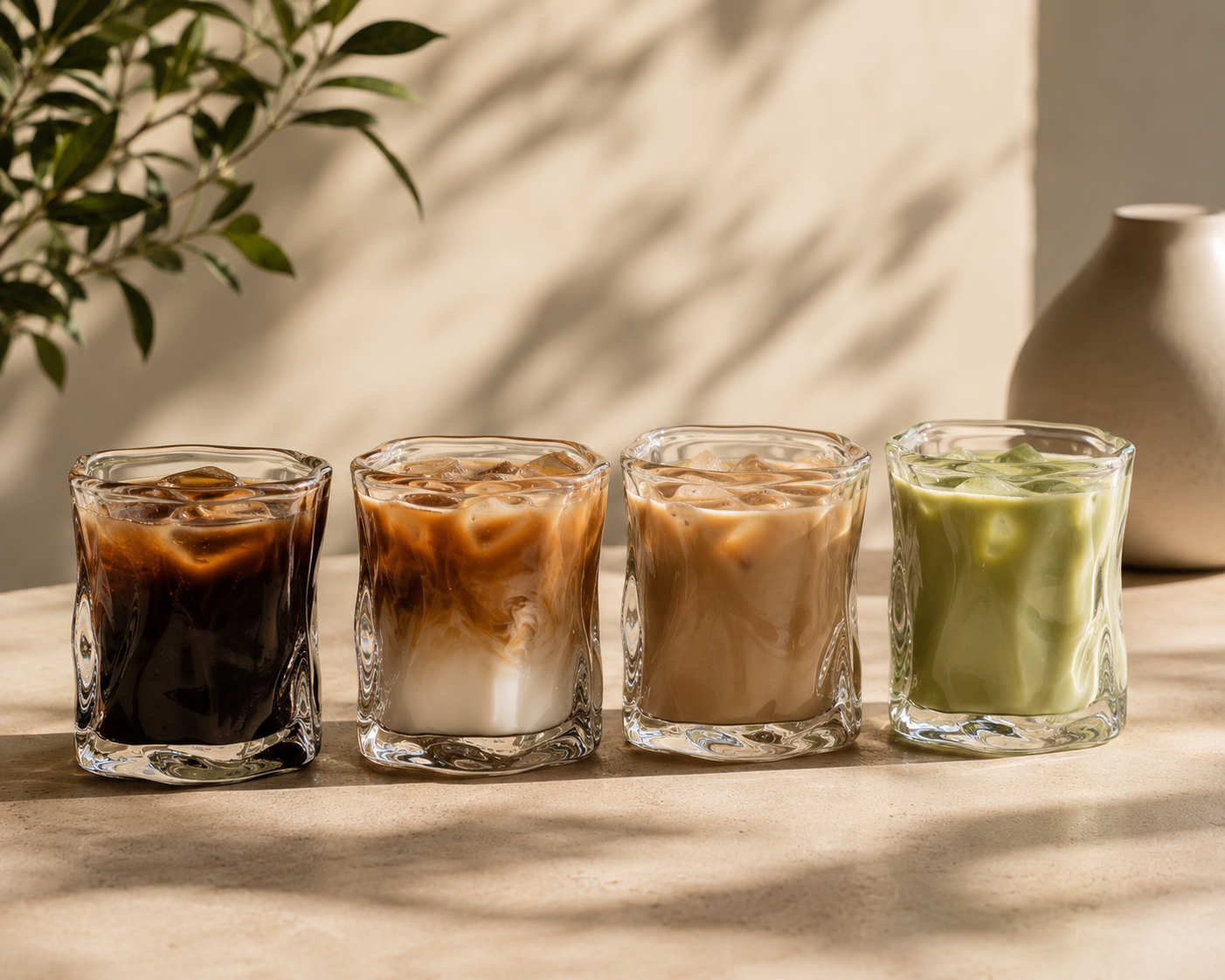 Four glasses of different types of iced coffee and matcha on a wooden surface with a plant in the background.
