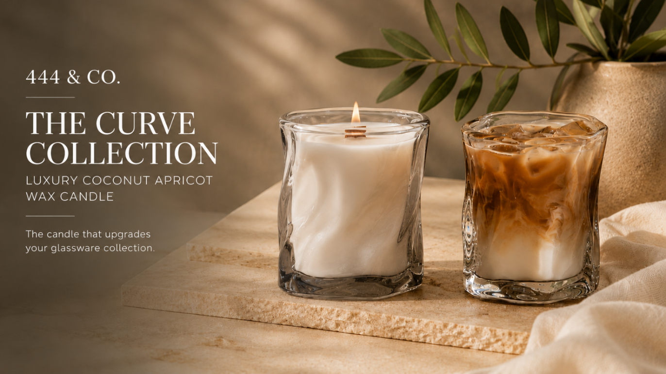 Candle and iced coffee on a wooden surface with '444 & Co.' branding.